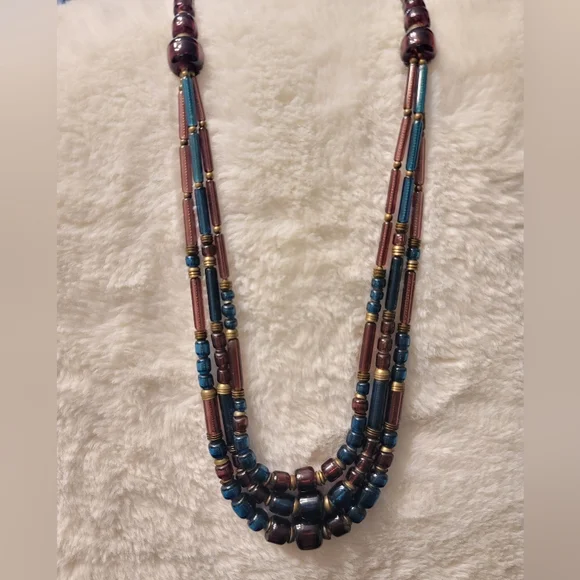 All Glass Very Vintage Aegean Blue & Wine Colored Necklace With Brass Elements. - Picture 1 of 7